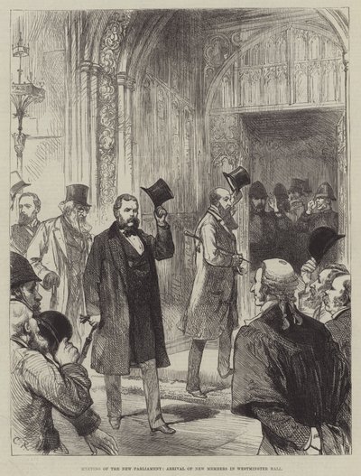 新議会の会議、ウェストミニスターホールへの新メンバーの到着 作： Sir John Charles Robinson